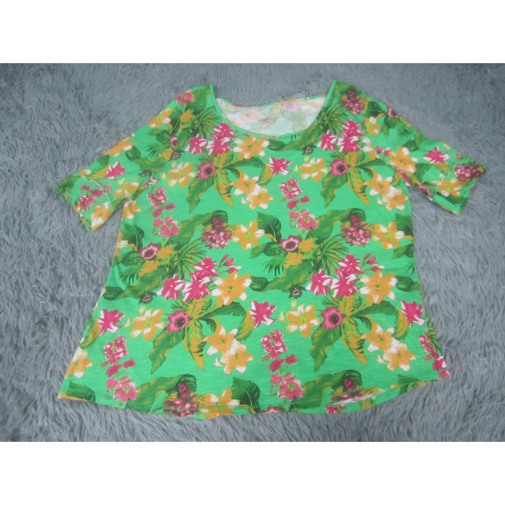 C EST 1946 Shirt Womens XL Green‎ Tropical Floral Scoop Neck Short Sleeve